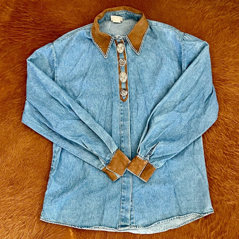 Vintage Streets Ahead Denim Western Button Up with Conchos & leather accents